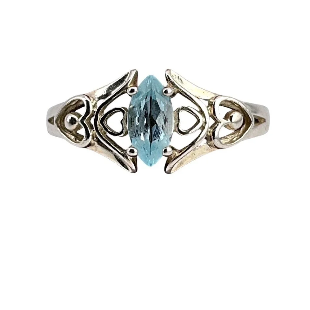 Sterling Silver 925 Blue Oval Topaz December Birthstone Ring Double Heart Size 7